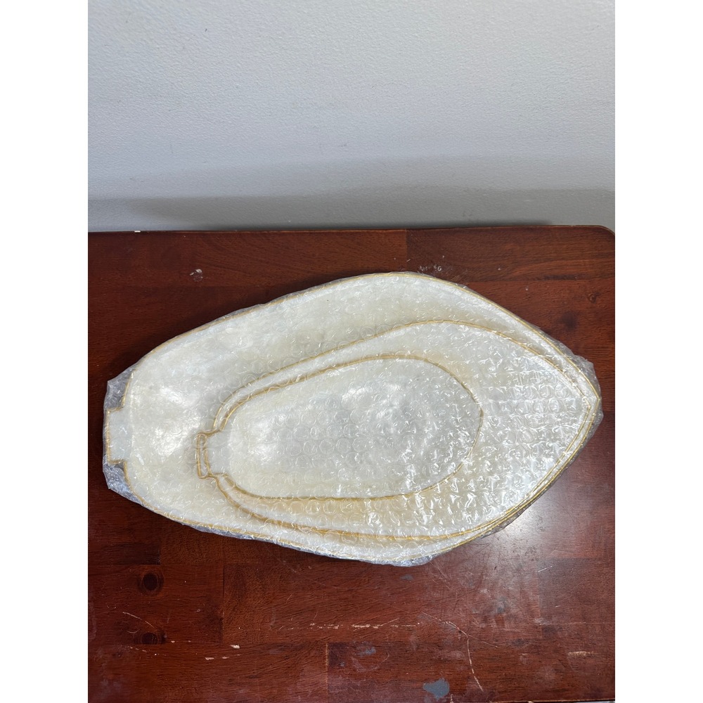 Vtg Capiz Shell Nesting Trays Leaf Shaped Set of 3 Silver Trim 13" Philippines